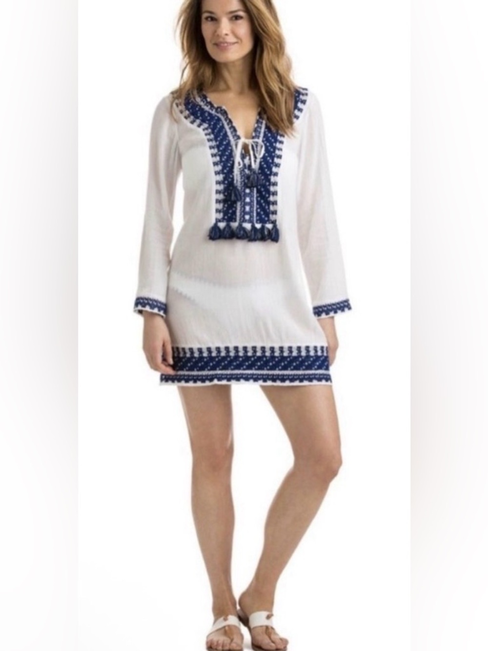 Vineyard Vines White & Blue Fringe Swim Coverup, size XS